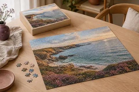 Puzzle photo de 1 000 pièces assemblé sur une table, avec sa boîte illustrée posée à côté