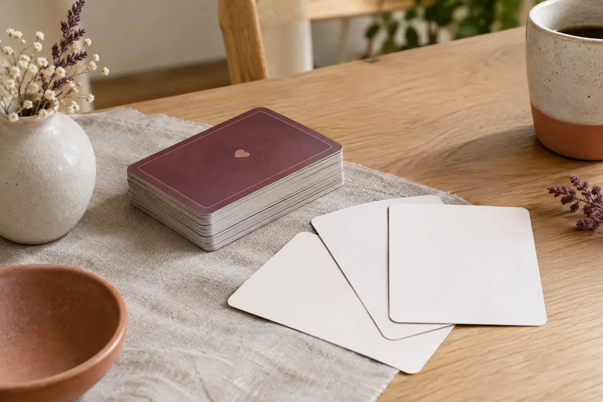 Jeu de cartes pour couples posé sur une table en bois clair avec du lin et une céramique mate.