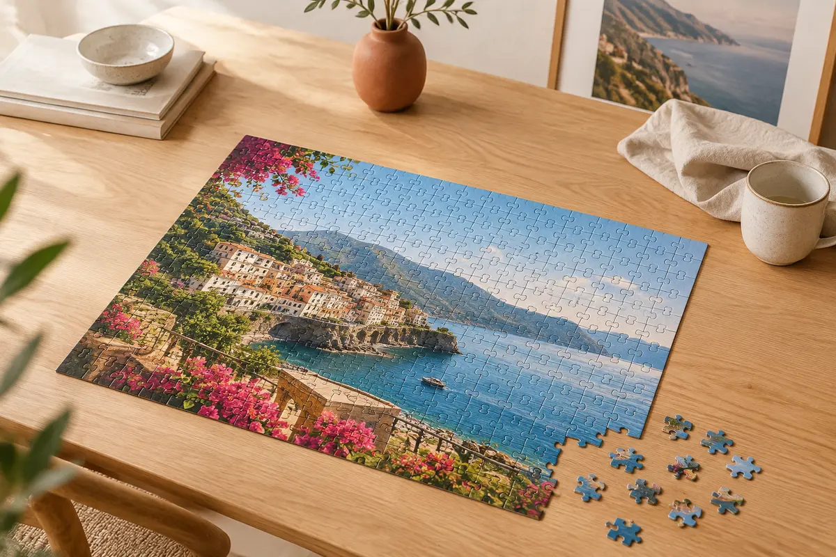 Puzzle photo personnalisé assemblé sur une table en bois clair, avec quelques pièces à côté