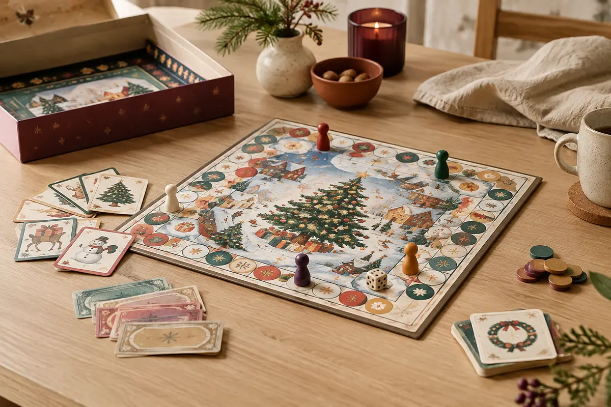 Jeu de plateau de Noël installé sur une table en bois clair avec cartes et pions