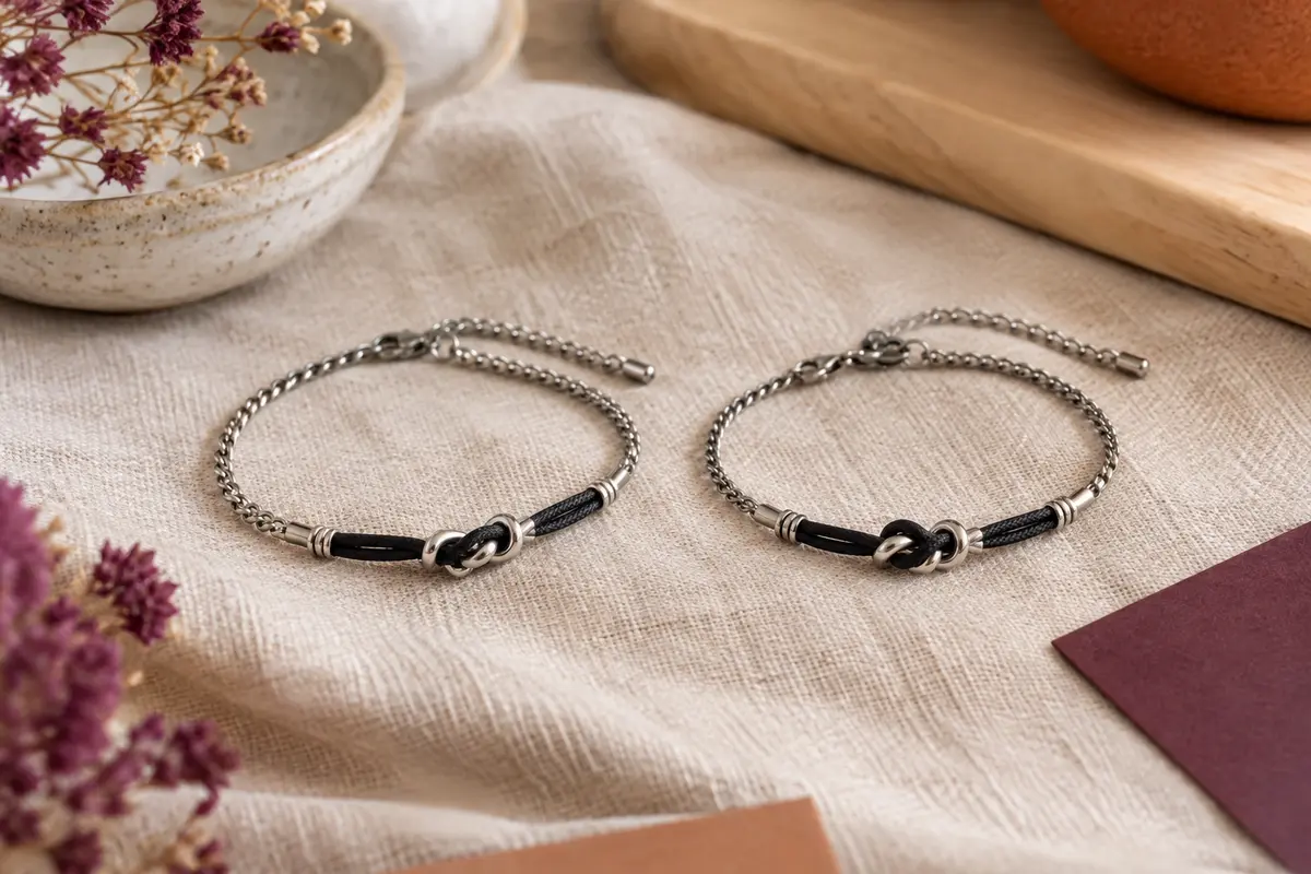 Deux bracelets assortis noirs et argentés avec un petit nœud central, posés sur du lin clair.