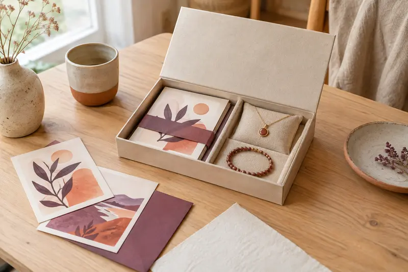 Coffret cadeau et bijoux assortis sur une table en bois clair, dans une ambiance douce et accueillante.