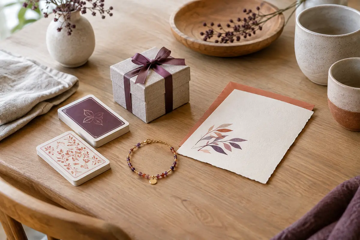 Cadeaux pour couples réunis sur une table claire, entre papier, céramique et détails prune.